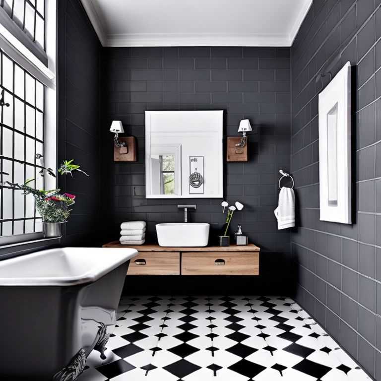 White and black tiles bathroom, black tub, wooden vanity, black walls