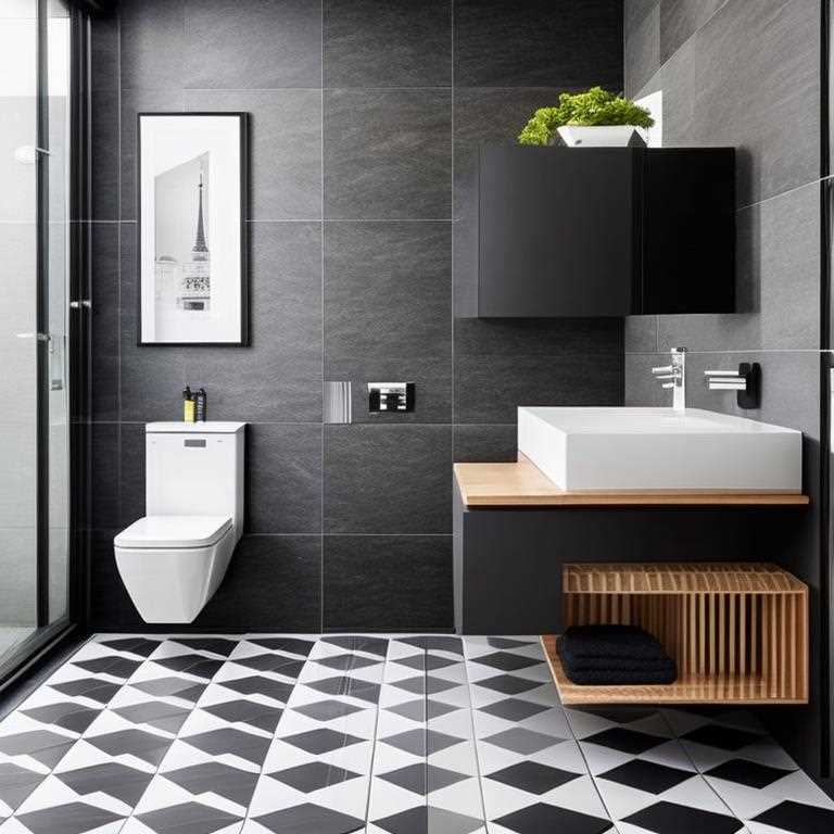 Modern black and white tiles bathroom floor, wooden/dark gray vanity, dark gray and light gray walls combination