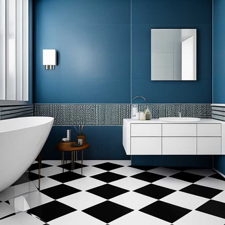 White and black bathroom tiles floor, white vanity and tub, dark blue walls