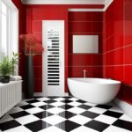 Big black and white tiles bathroom, red walls