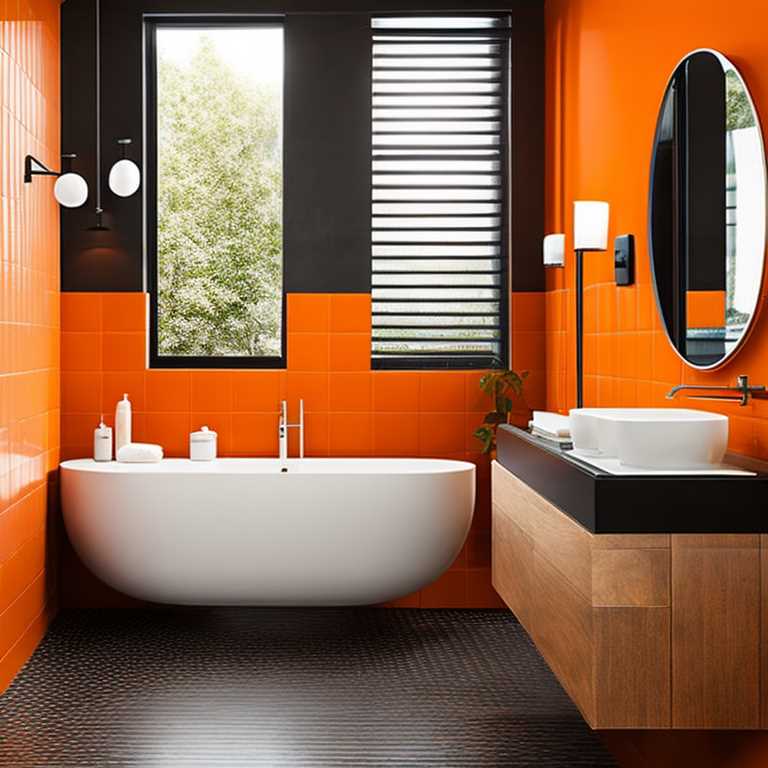 Mini tiles black and white floor, black and wooden vanity, white tub, walls combination between orange and black