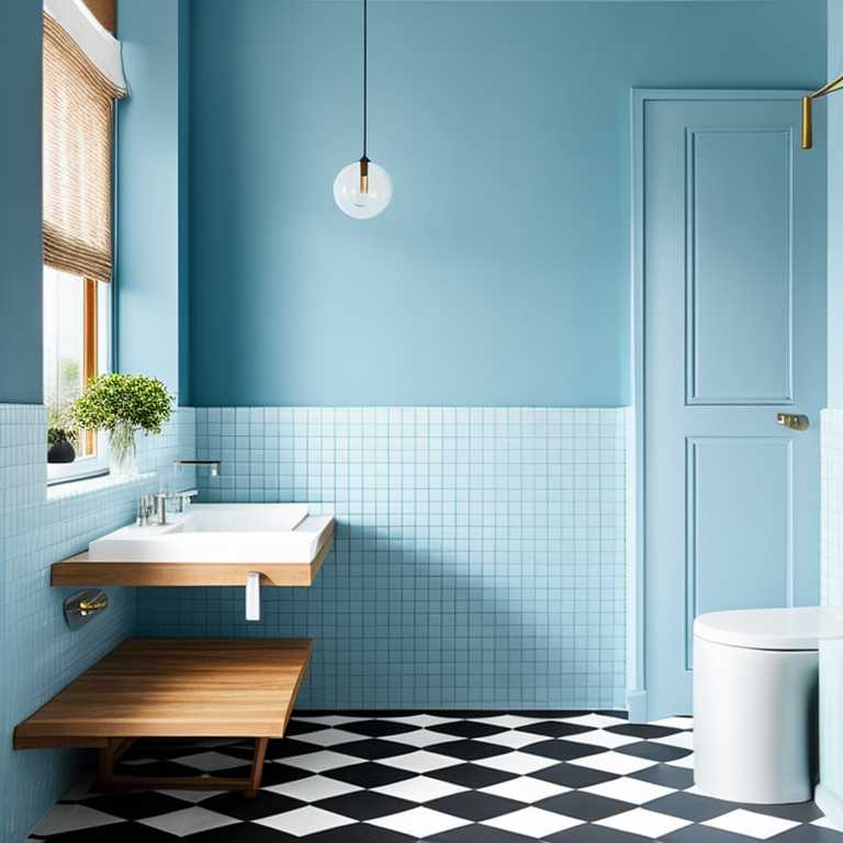 Black and white bathroom tiled floor, light blue walls