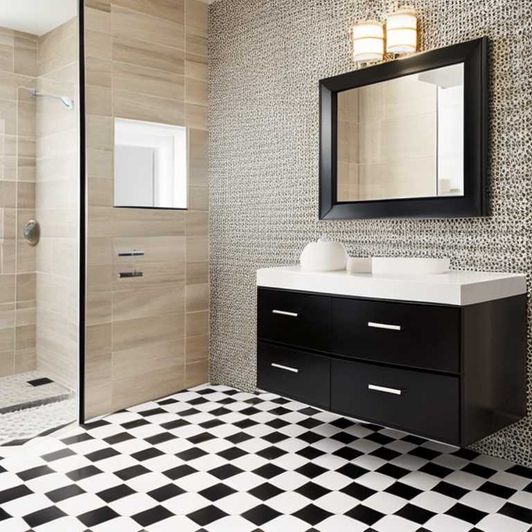 Bathroom with white and black tiles floor, beige and pattern walls, black vanity, black frame mirror