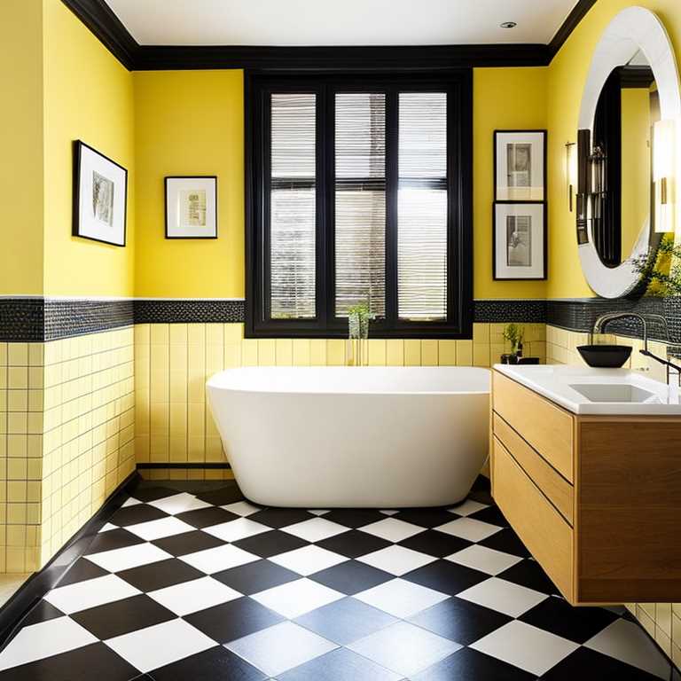 Bathroom with white and black tiles on the floor, white tub, big led mirror, yellow walls