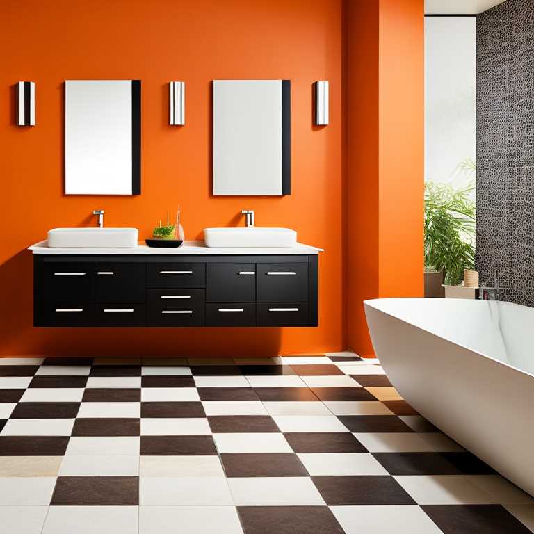 Random pattern black and white bathroom tiles, black vanity, white tub, orange walls