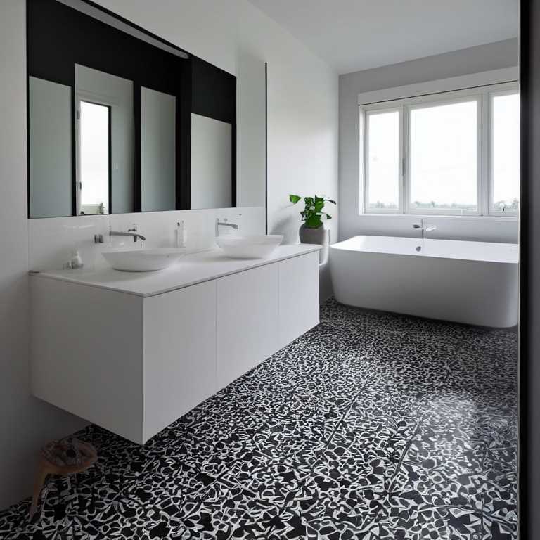 Black and white tiles floor with floral pattern, white vanities and tub, white walls