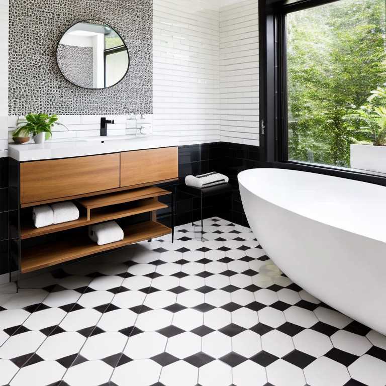 Black and white tiles floor bathroom, white tub, wooden vanity, black and white walls